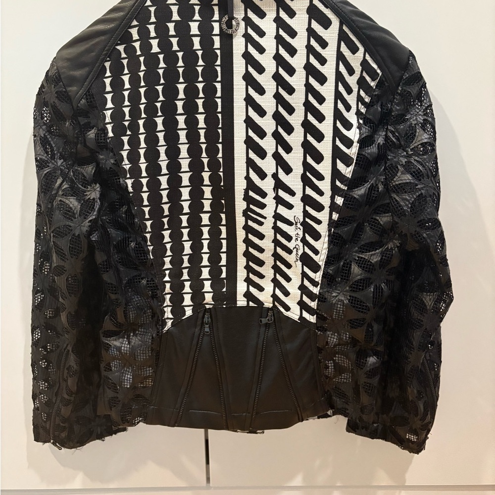 Save The Queen Geometric Print Leather Mesh Jacket - Picture 2 of 10